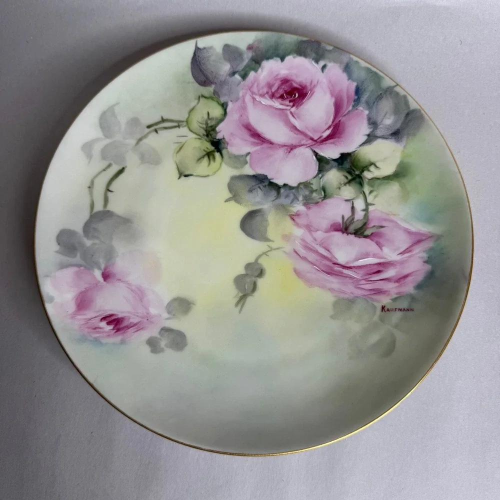 Haviland France‎ Limoges Hand Painted Pink Rose Plate Signed Kaufmann Gold Trim